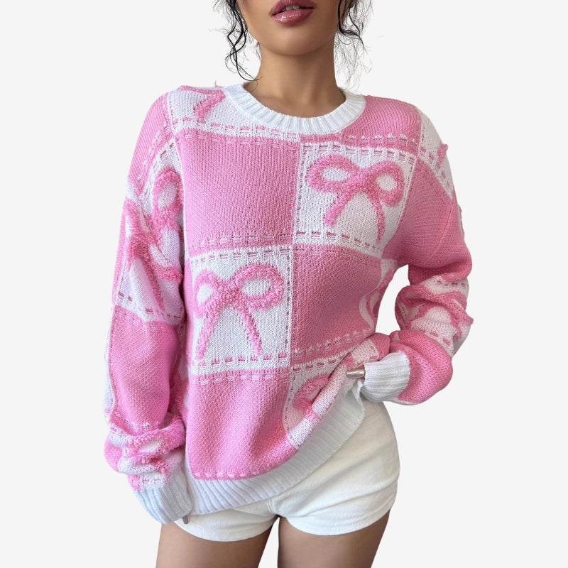 Samantha – Long Sleeve Knitted Sweater With Bow Pattern Design