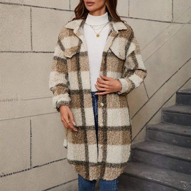 Olivia – Long Sleeve Coat with Button Closure and Down Collar