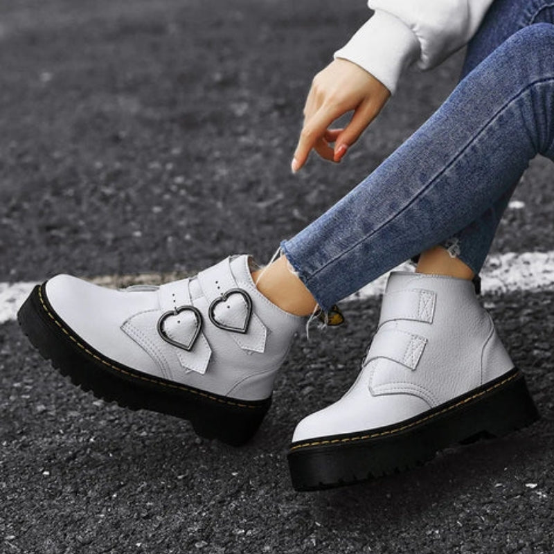 Daisy – Round Toe Boots with Heart Buckle Design