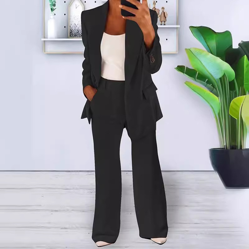 Women Blazer & Tailored Trousers Set One Button Closure
