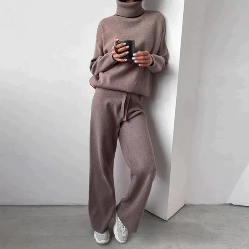 Women Two Piece Set Turtleneck Top & Matching Pants Relaxed Fi