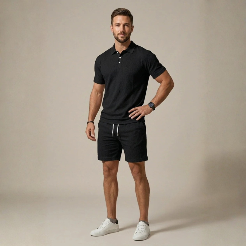 Men's Stylish Polo Shirt and Drawstring Shorts Set
