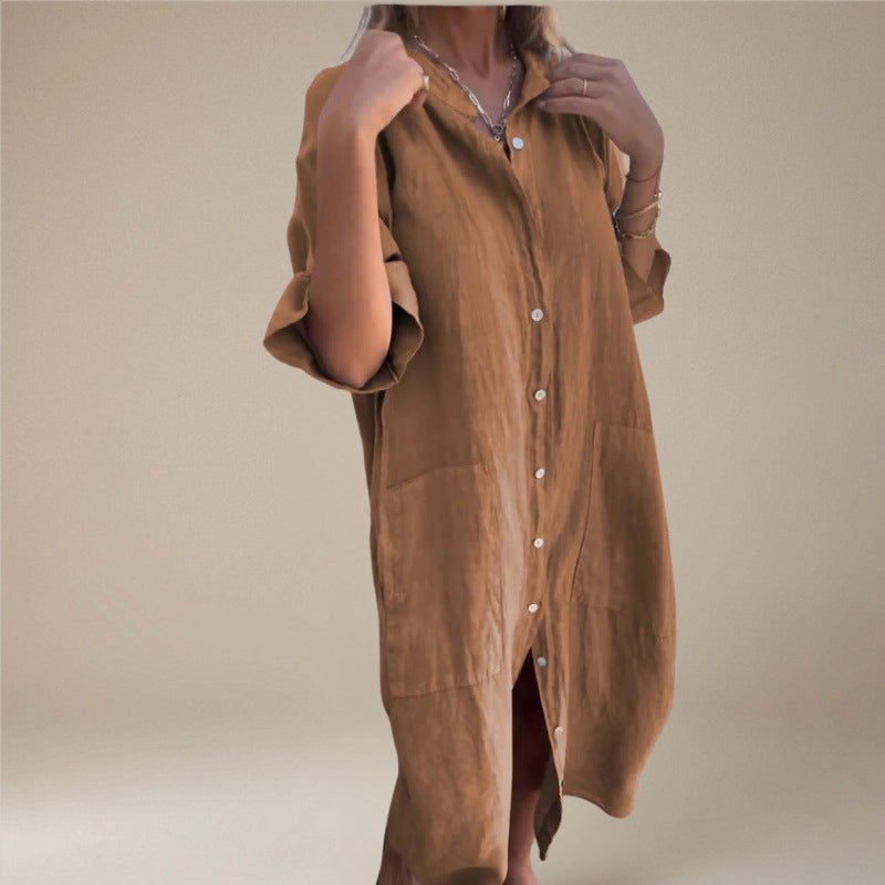 Women's Button Down Midi Dress with Long Sleeves
