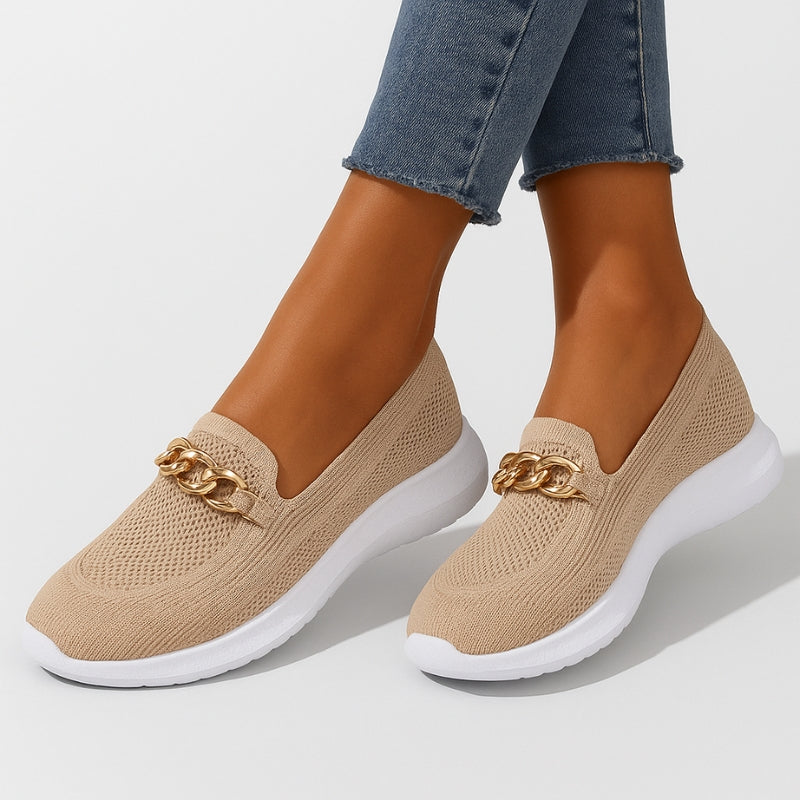 Women Non-Slip Slip-On Shoes Mesh Buckle Gold Chain Detail