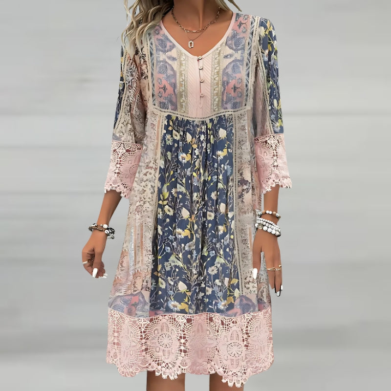 Women's Printed V Neck Midi Dress with Long Sleeves