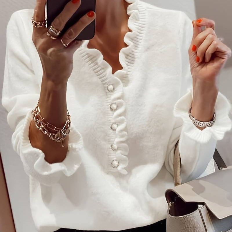 Women’s Ruffled Front Button Blouse Long Sleeve