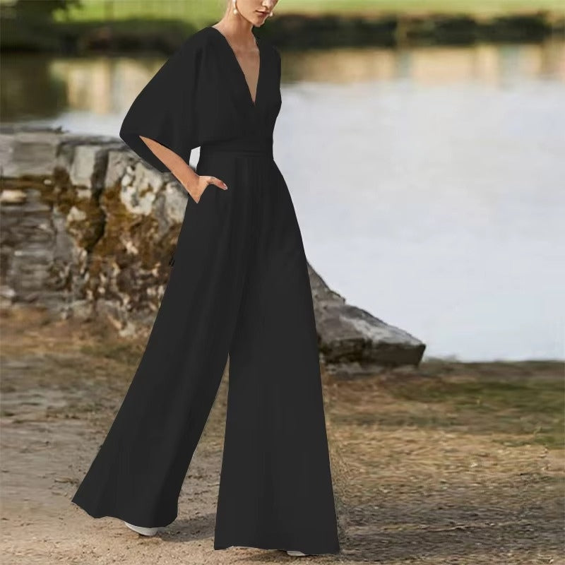 Willow - Loose Fit Short Sleeve Jumpsuit With V Neck Design