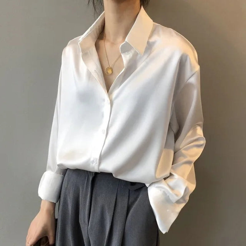 Women’s Satin Finish Button Front Blouse Long Sleeve