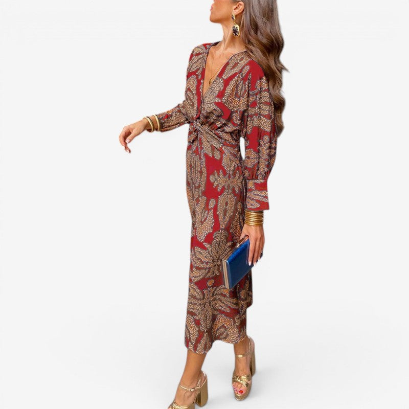 Women’s Floral Print Maxi Dress V-Neck Long Sleeve