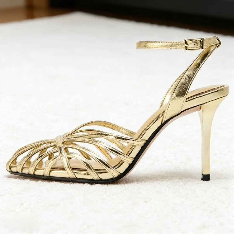 Women's High Heel Sandals with Openwork Strap and Buckle Closure