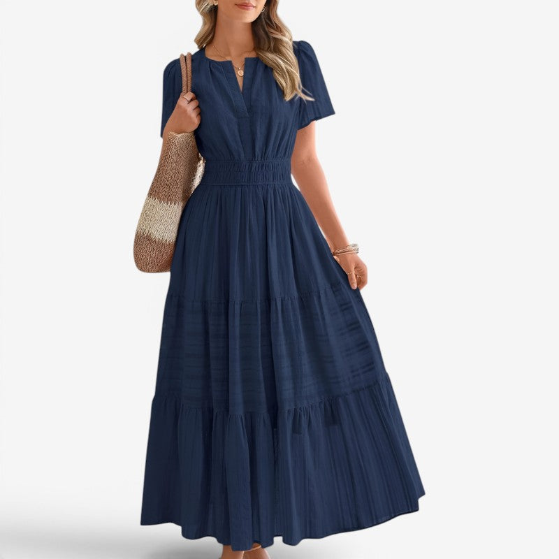Women's Midi Dress with Wrap Waist and Short Sleeves