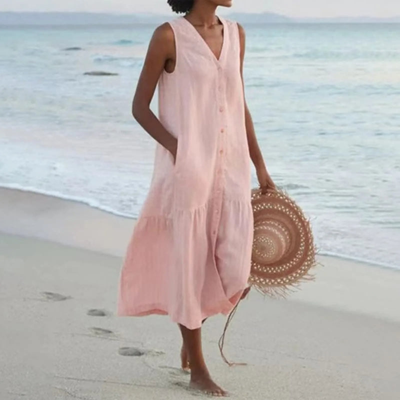 Women's Sleeveless V-Neck Mini Dress with Button-Front & Pockets