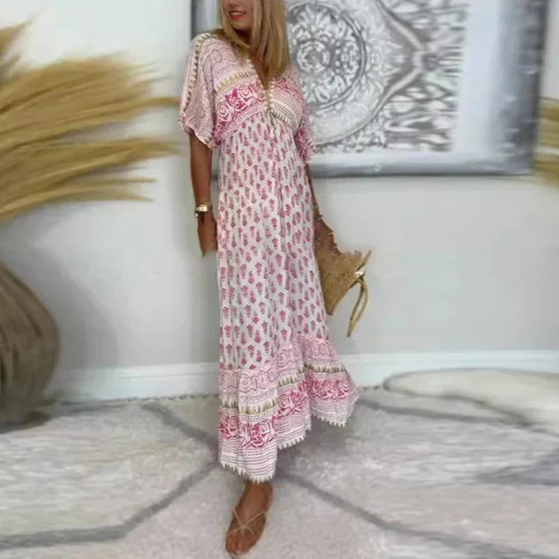 Women's V Neck Maxi Dress with Tassel Detail