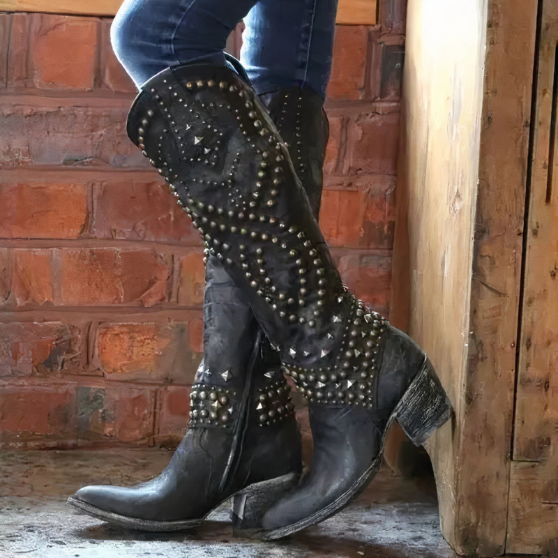 Maya – Knee High Pointed Toe Boots with Decorative Pearls