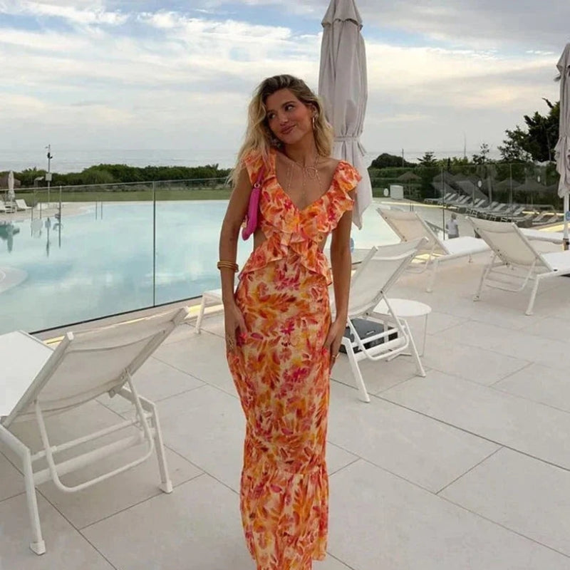 Women’s long ruffled V-neck high waist dress