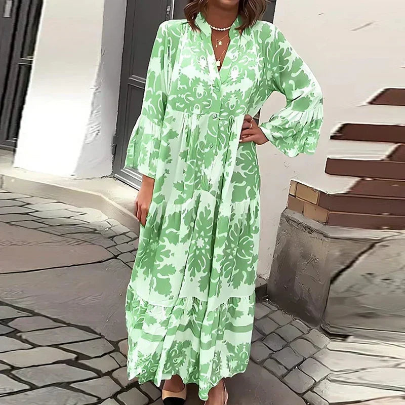 Women's Printed Midi Dress with V Neck and Long Sleeves
