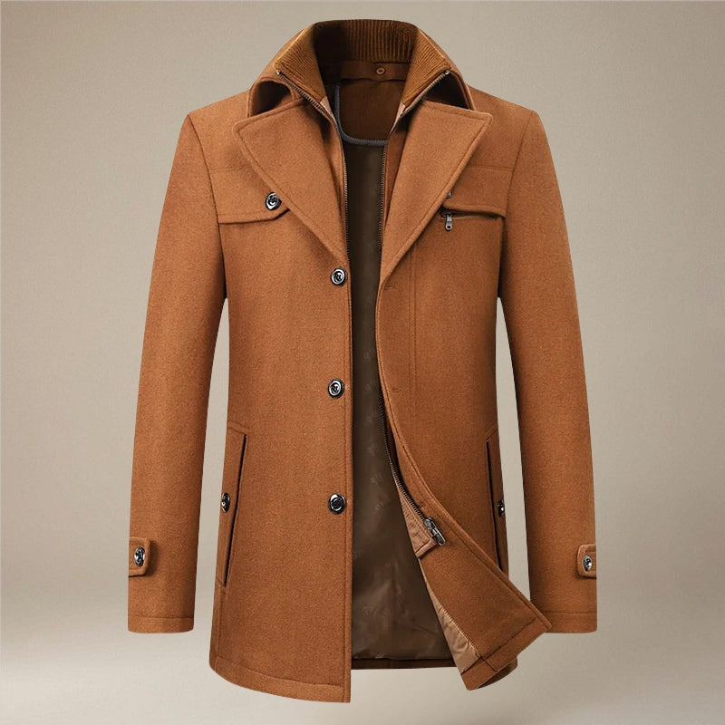 Double Collar Long Coat with Button Front