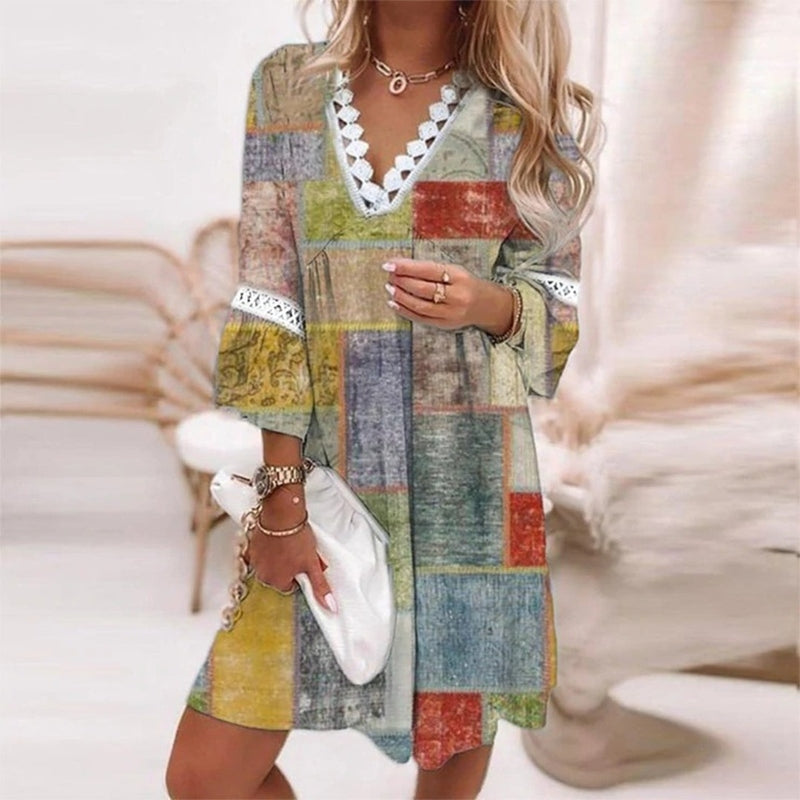 Women's Floral Print Mini Dress with V Neck
