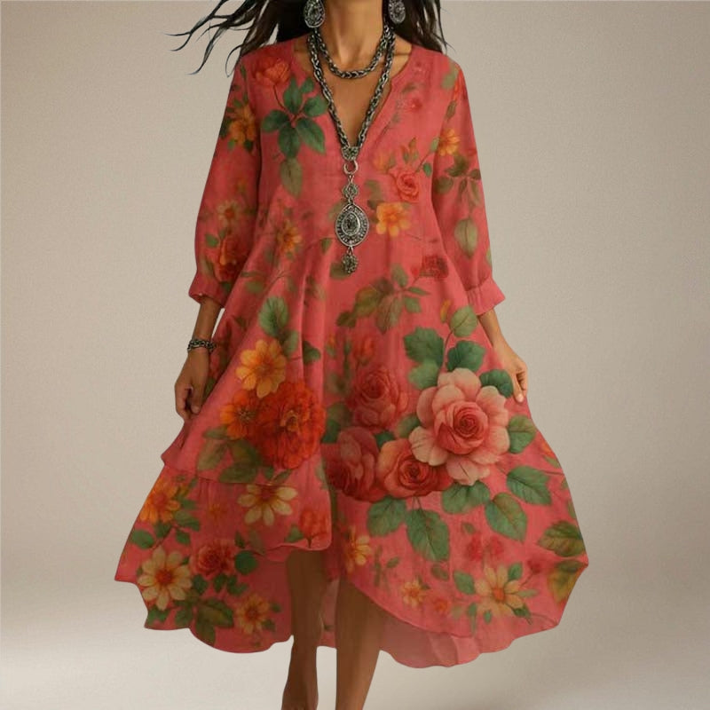 Amelia – Long Sleeved V Neck Floral Print Dress with Loose Fit