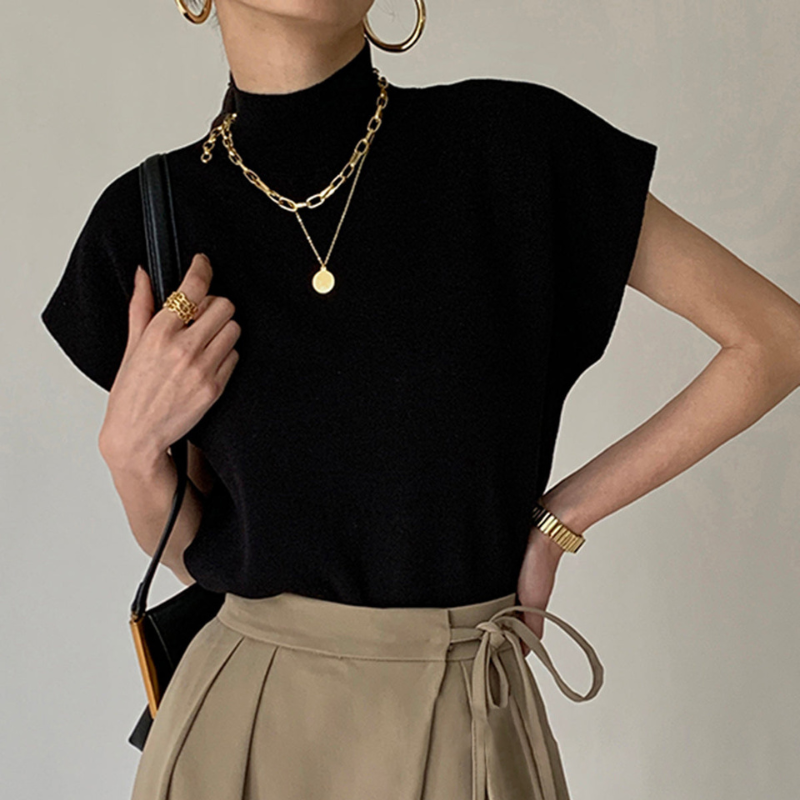Women's Ribbed High Neck Blouse with Short Sleeves