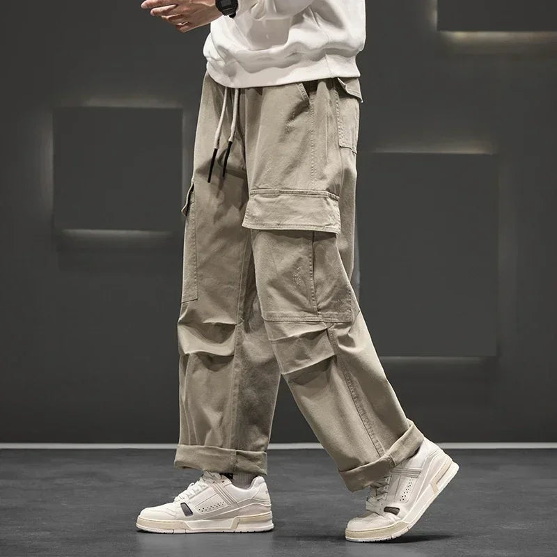 Men's Wide Leg Cargo Pants with Drawstring Waist