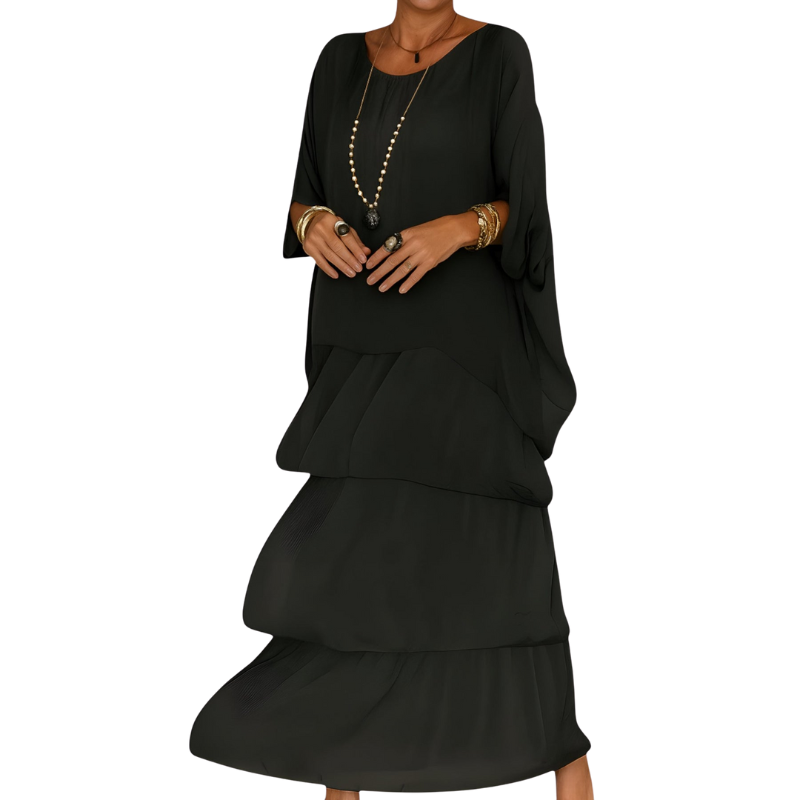 Nova – Lange A-lijn Gelaagde Maxi Jurk met Ronde Hals en Korte Mouwen Velani