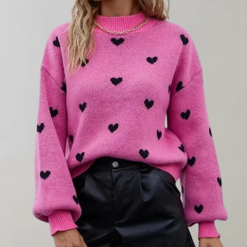 Jennifer – Suéter de manga larga con estampado de corazones y cuello redondo