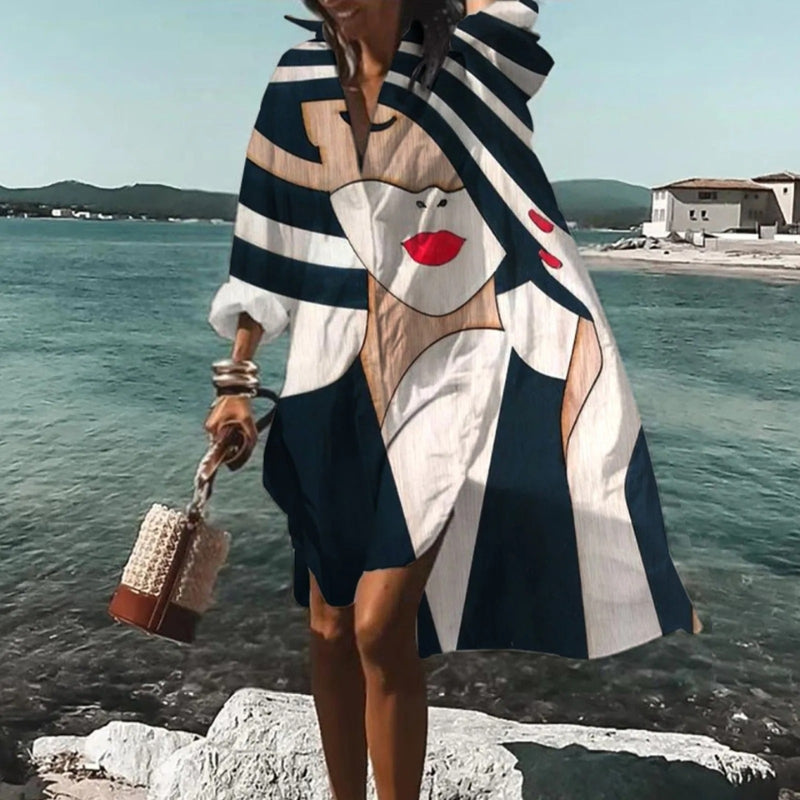 Women's Printed Long Sleeve Midi Dress