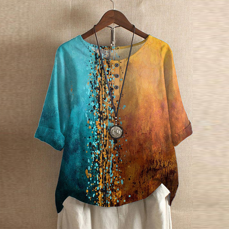 Women's Oversized Printed Blouse with O Neck
