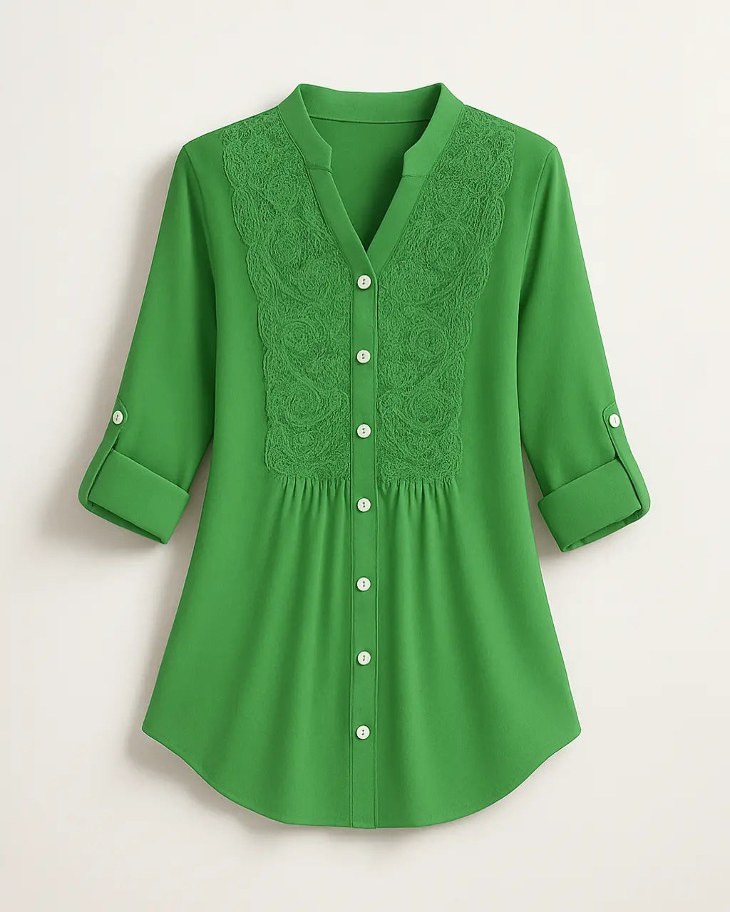 Polyester Blouse Met Pofmouwen En Kanten Accenten-Blouses & Tops-Velani-Groen-S-Velani