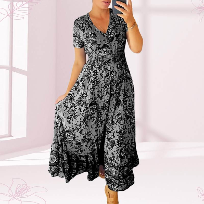 Amelia – Lange Jurk met Korte Mouwen en Bloemenprint Velani