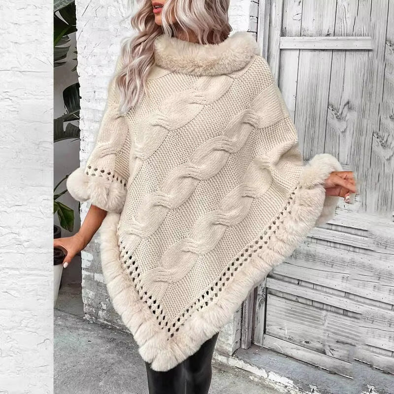 Kehlani – Losse kabelgebreide poncho met bontafwerking Velani