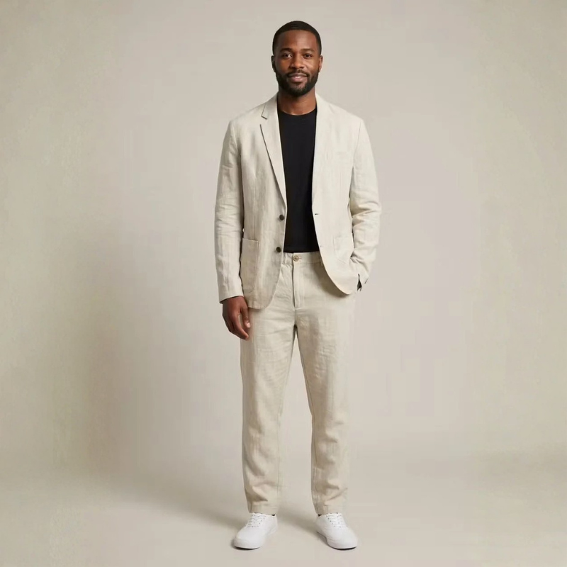 Men's Linen Blazer and Wide Leg Pants Ensemble
