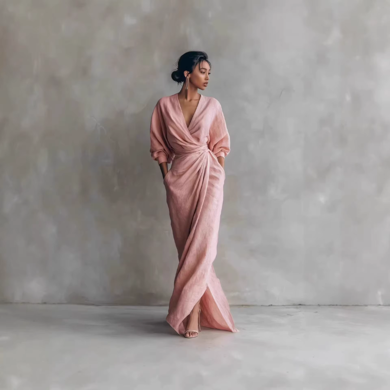 Elegant Women's V Neck Maxi Dress with Wrap Waist