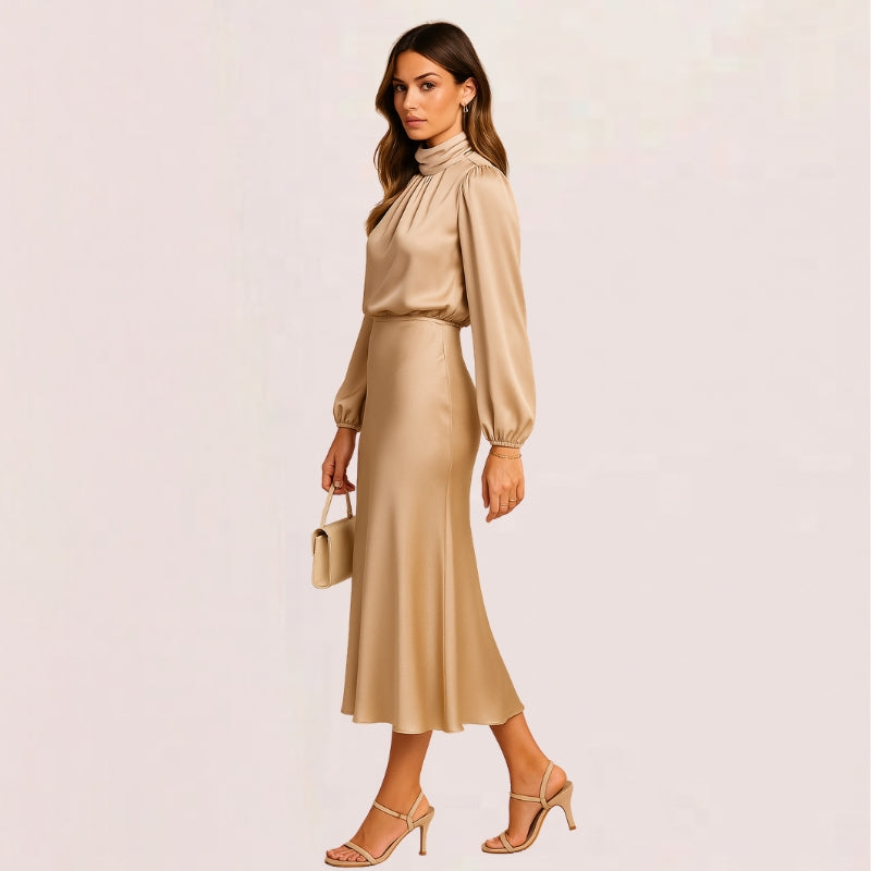 Women’s Wrap Dress with Long Puff Sleeves & High Neck