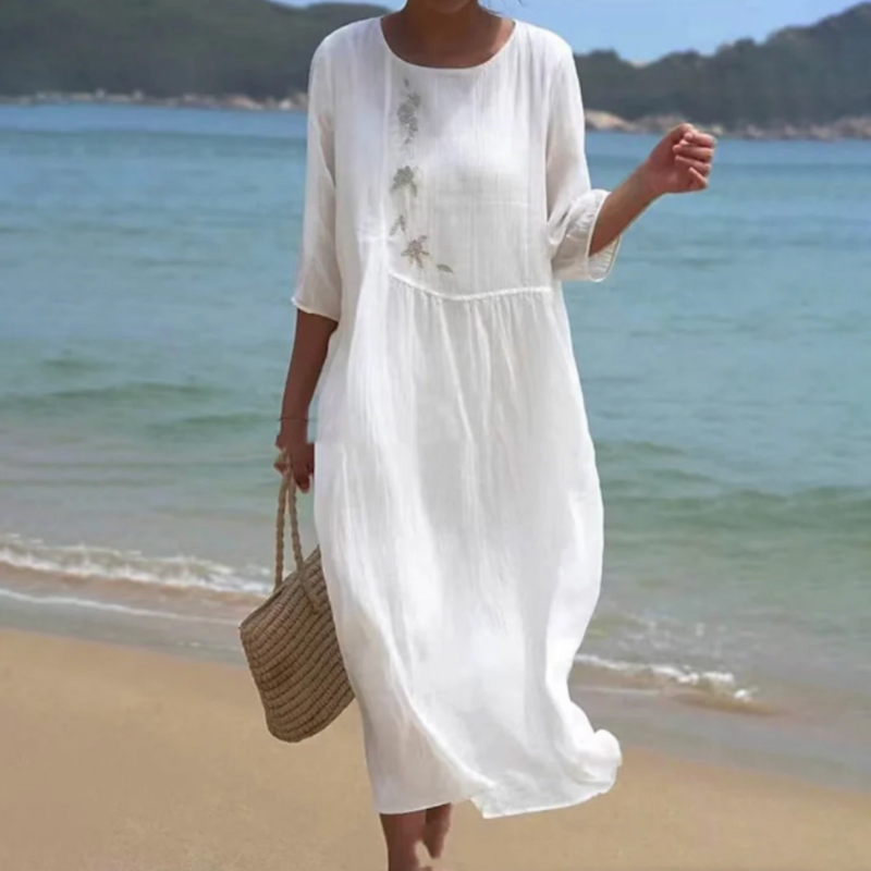 Isabella – Lange Jurk met Ronde Hals Slim Fit en Korte Mouwen Velani