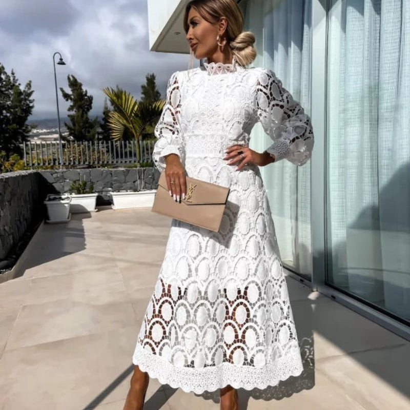 Women’s long sleeve openwork lace straight dress