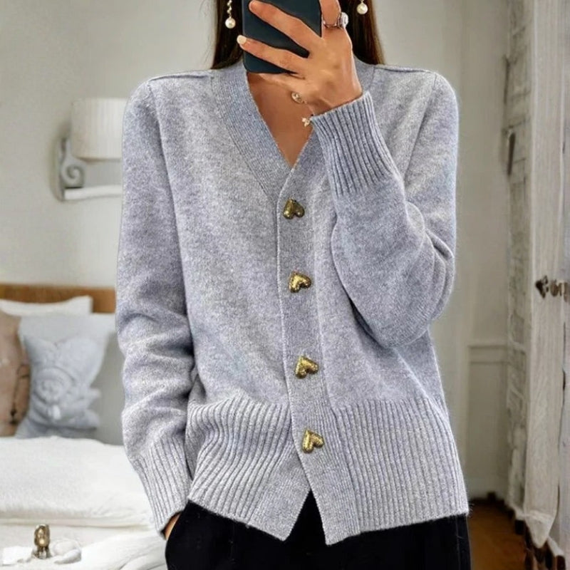 Olivia – V Neck Knitted Cardigan With Heart Shaped Buttons