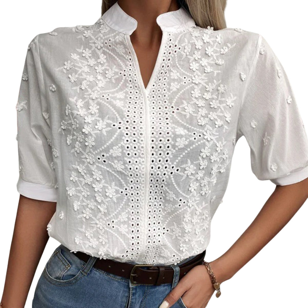 Emma – Blouse met V  Hals Geborduurde Bloemen en Korte Mouwen Velani