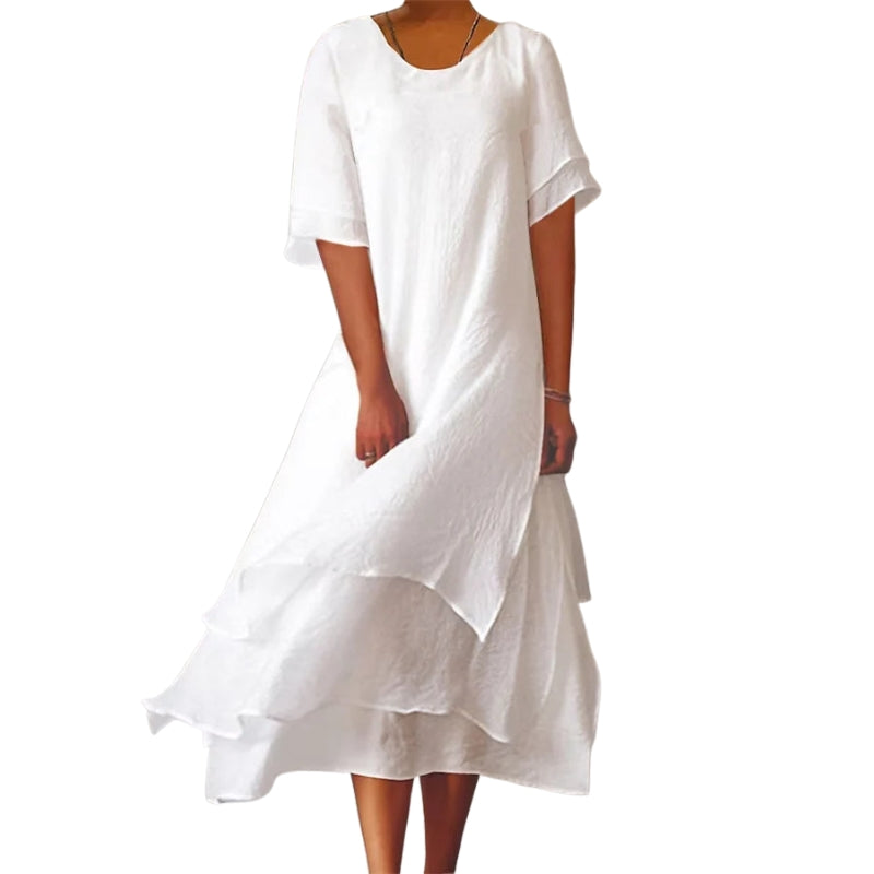 Fiona – Dubbel Laag Jurk met Ronde Hals en Korte Mouwen Velani