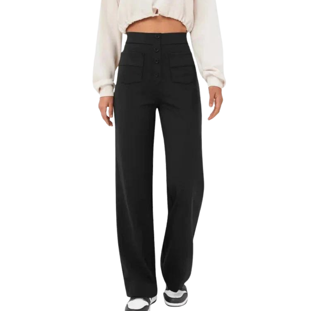 Anna – Hooggetailleerde Broek met Wijde Pijpen en Knopen Velani