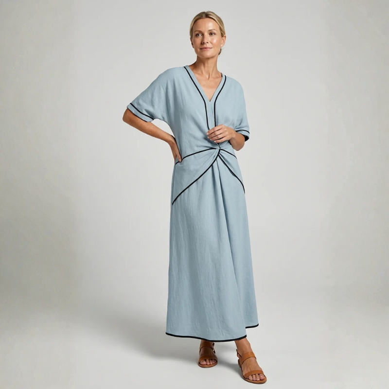 Chic Women's V Neck Maxi Dress with Twist Front