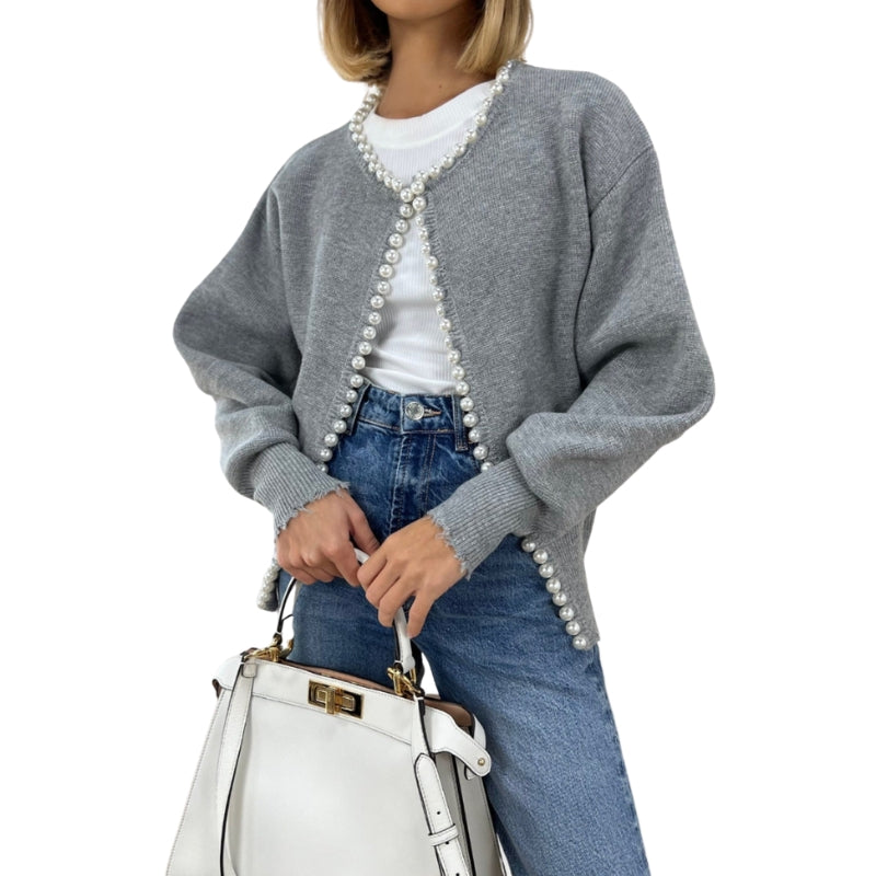 Eliana – Gebreid Vest met Lange Mouwen, Ronde Hals en Parelaccenten Velani