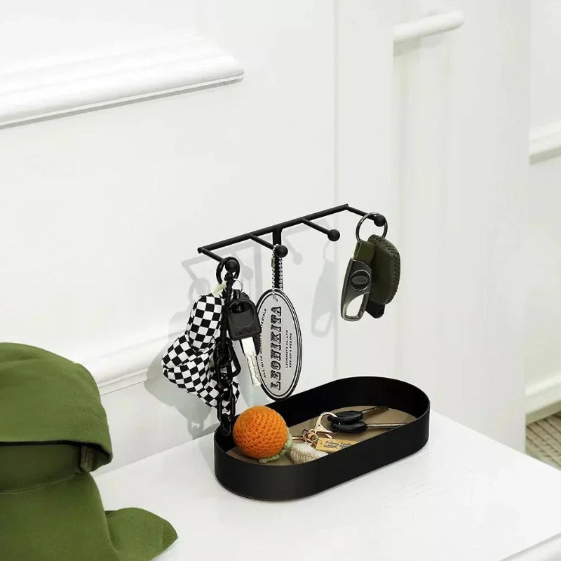 HookMate – Key Holder with Round Base, Multiple Hooks, and Storage Tray