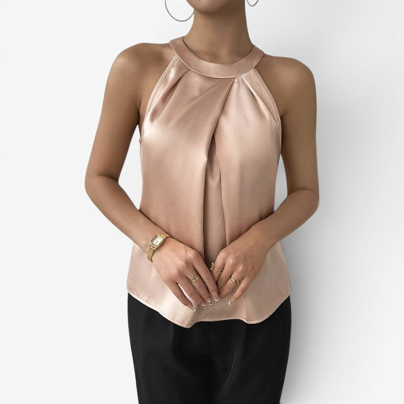 Women's Sleeveless Satin Draped Blouse with Pleated Front