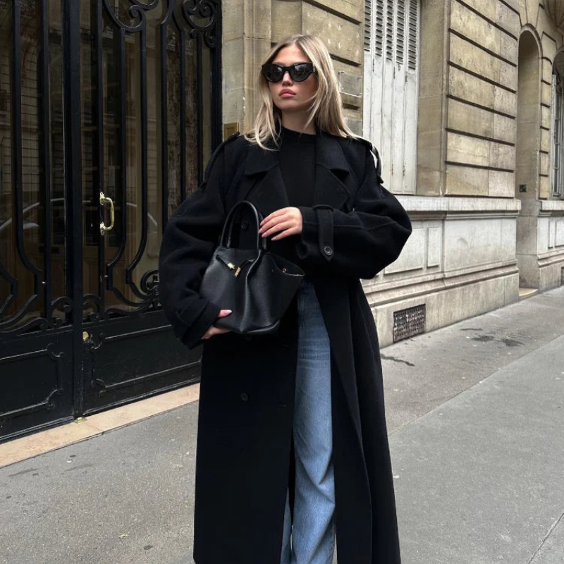 Ashley – Lange jas met riem reverskraag knoopsluiting en zakken Velani