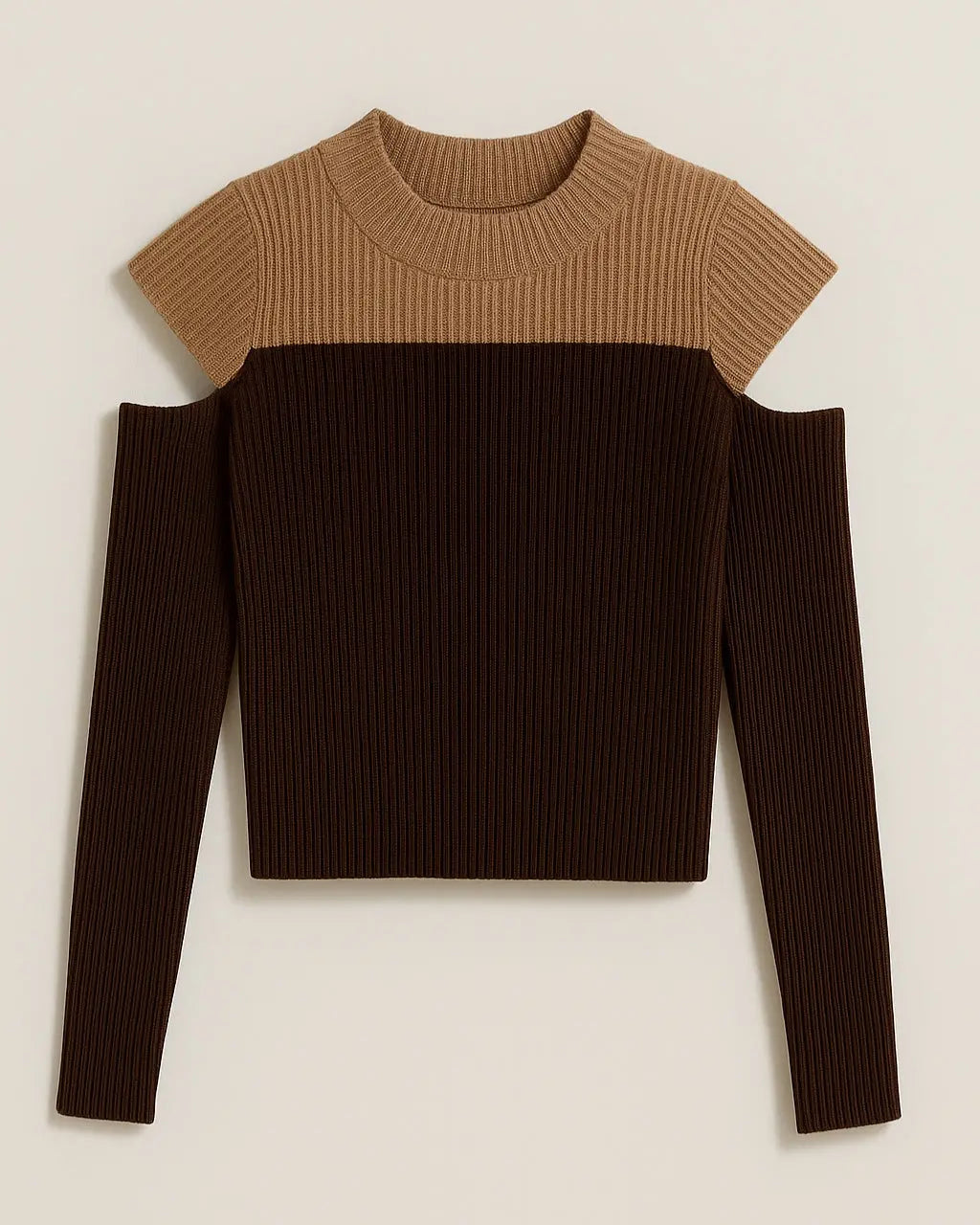 Polyester Gebreide Trui Met Patchworkdetail-Sweaters-Velani-Bruin-Eén Maat-Velani