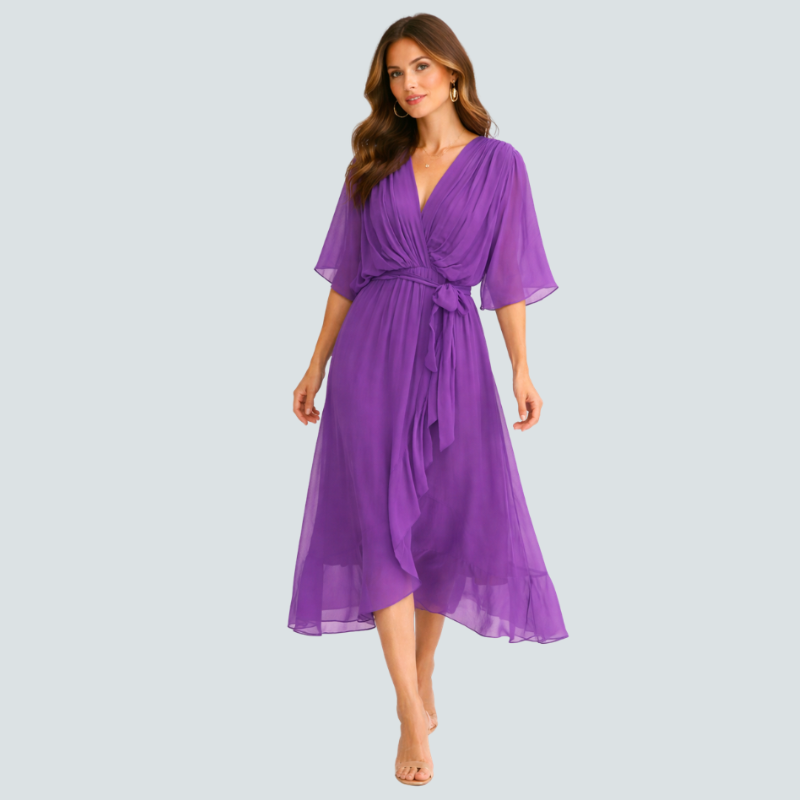 Stylish Midi Dress with V-Neck and Batwing Sleeves