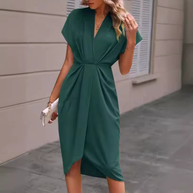 Women's Elegant Midi Dress with V-Neck and Twisted Waist