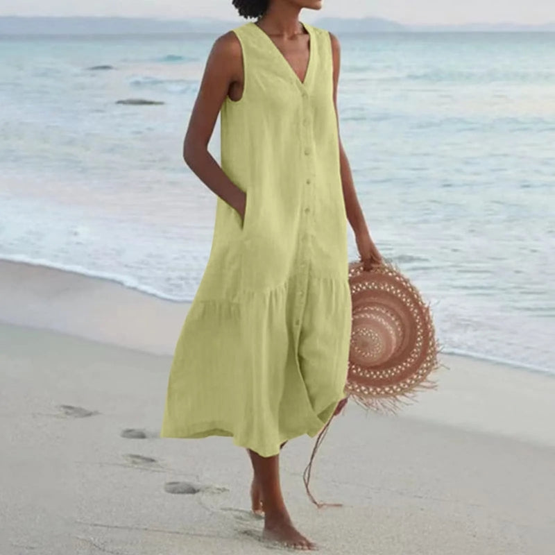 Women's Sleeveless V-Neck Mini Dress with Button-Front & Pockets